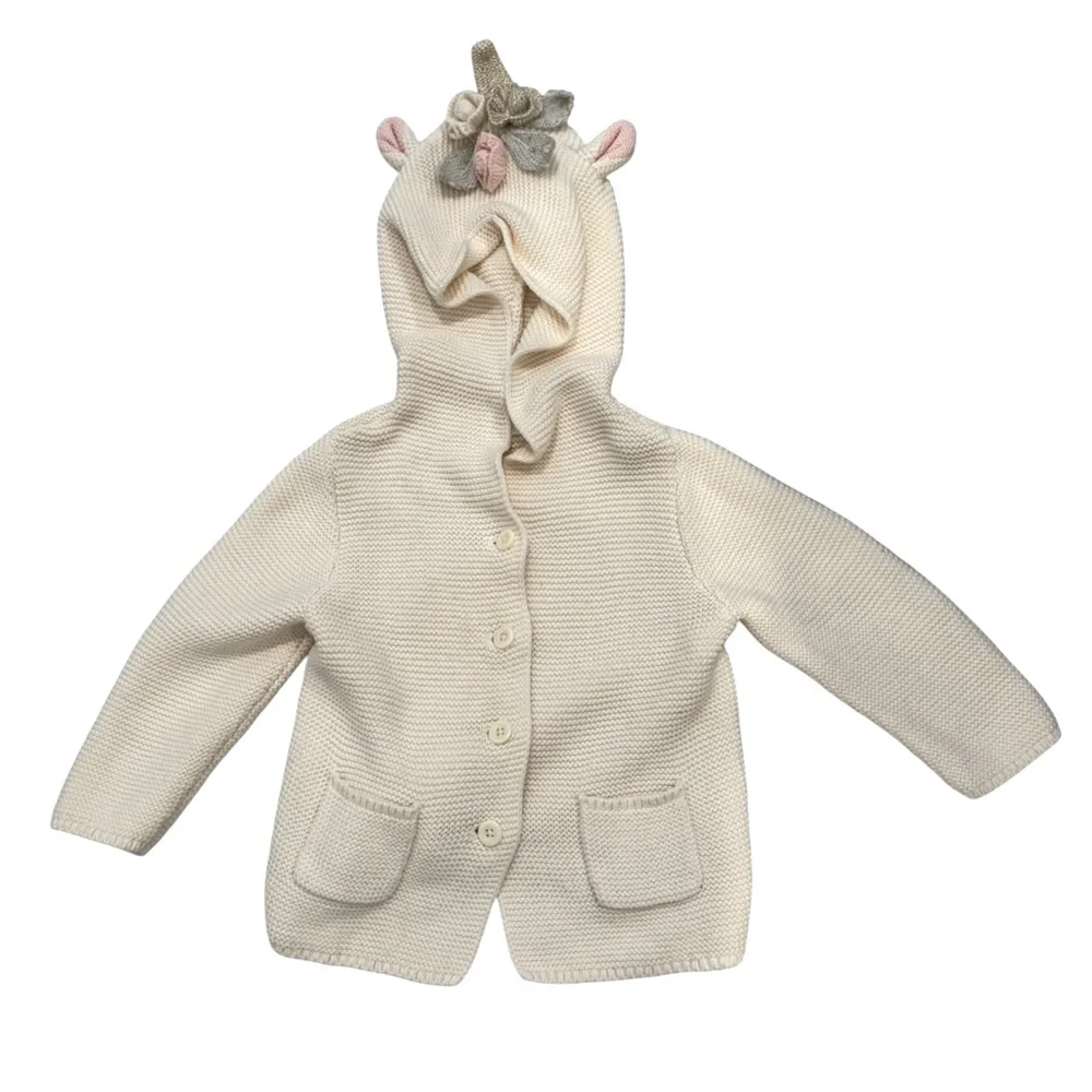 Gap Baby Girl Ivory Unicorn Hooded Cardigan Sweater 18-24 Months